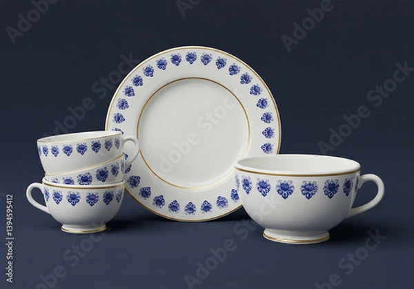 Fototapeta Tea cup set isolated on black background 3D realistic render