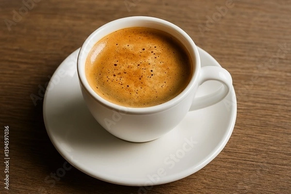 Fototapeta High-resolution photo of a white ceramic cup with fresh coffee on a wooden table. Smooth crema, natural lighting, and warm tones make it ideal for food blogs, menus, or ads.