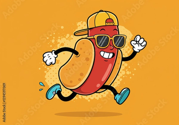 Fototapeta Vector illustration of an abstract background with a hot dog man running