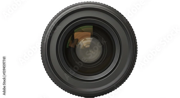 Fototapeta A close up view of a camera lens with visible reflections against a stark black background frame view
