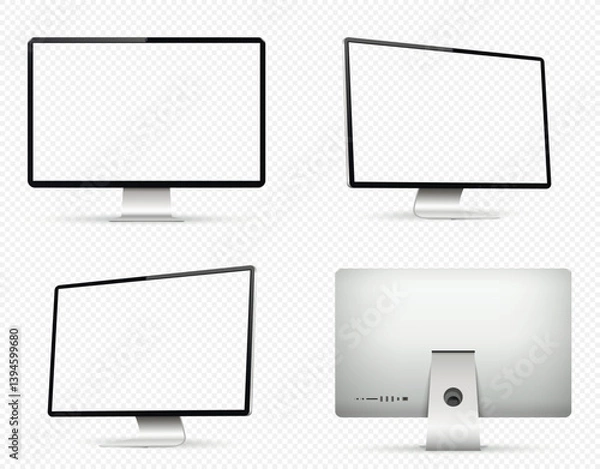 Fototapeta Realistic computer transparent screen mockup. Front, back and side computer screen isolated on transparent background.