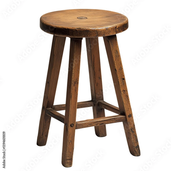 Fototapeta A weathered wooden stool stands against a black background, showcasing its rustic charm and aged texture.