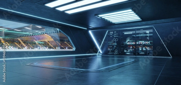Obraz 3D rendering Futuristic garage showing race track and telemetry data on transparent display