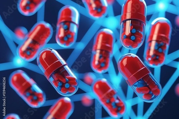 Obraz A visually striking image showcasing red and blue medicine capsules floating amidst glowing blue connections, symbolizing futuristic drug delivery and medical advancements