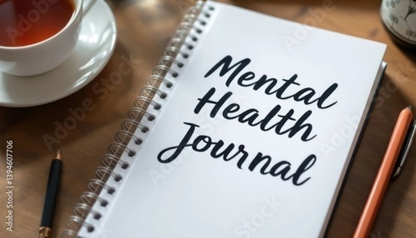 Fototapeta A mental health journal is open on a wooden table beside a cup of tea and writing materials, promoting reflection and self-care