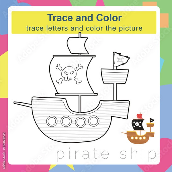 Fototapeta Trace and color worksheet. Coloring page and handwriting practice for kids. Education developing worksheet. Educational activity page for children. 