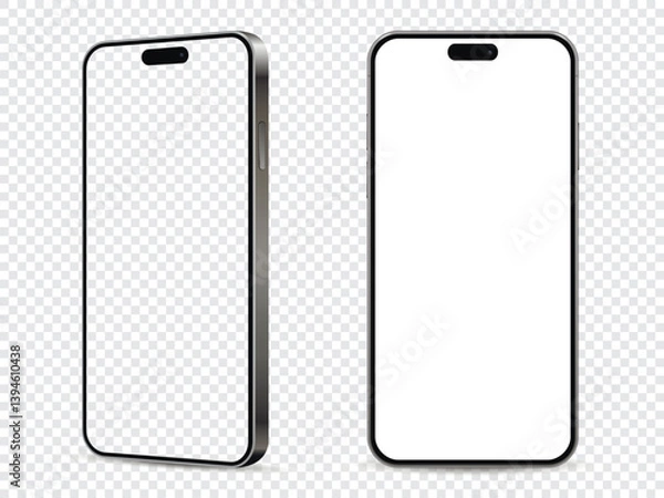 Obraz Realistic smartphone mockup. Front and side view with white and empty screen on transparent background.