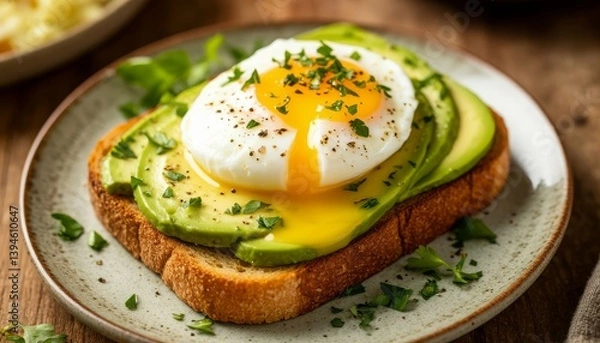 Fototapeta Avocado toast topped with a perfectly poached egg and herbs