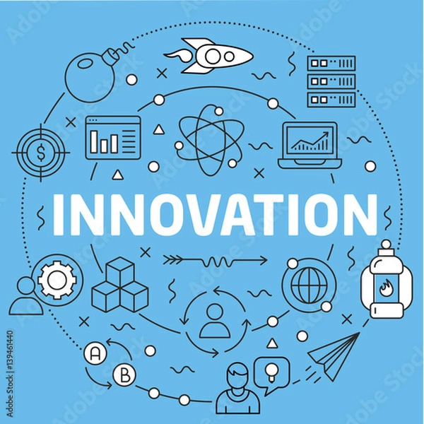 Fototapeta Linear illustration for presentations on blue background  innovation