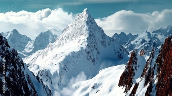 Fototapeta Majestic snow-covered mountain peaks rise against a dramatic, cloudy sky in a rugged winter landscape, capturing the beauty and intensity of the wilderness