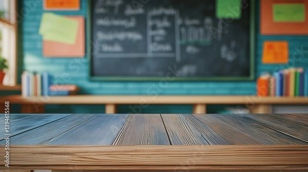 Obraz Wooden table with blurred classroom background, blackboard, books, and decorations, perfect for product placement for Teacher's Day or educational holidays