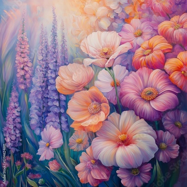 Fototapeta Garden of Sound: Imagine a garden where each flower represents a different sound or music note. Use soft brushstrokes to blend colors that reflect the rhythm and melody of nature, transforming the sen