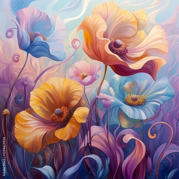 Fototapeta Garden of Sound: Imagine a garden where each flower represents a different sound or music note. Use soft brushstrokes to blend colors that reflect the rhythm and melody of nature, transforming the sen