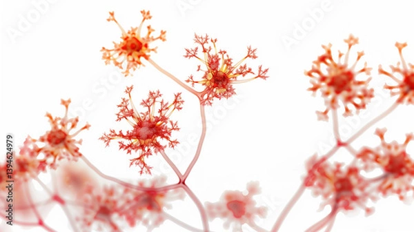 Fototapeta Close-up of glowing neuron synapses with vibrant neurotransmitters in microscopic brain scan, neural network and brain activity concept, neuroscience and medical research.