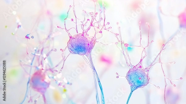 Fototapeta Close-up of glowing neuron synapses with vibrant neurotransmitters in microscopic brain scan, neural network and brain activity concept, neuroscience and medical research.