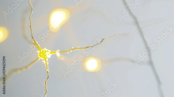 Fototapeta Close-up of glowing neuron synapses with vibrant neurotransmitters in microscopic brain scan, neural network and brain activity concept, neuroscience and medical research.