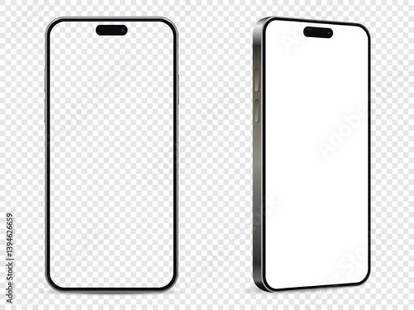 Fototapeta Realistic smartphone mockup. Mobile phone with white and empty screen on transparent background.