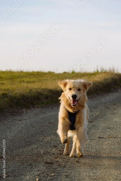Fototapeta Happy light-colored dog wearing a blue harness runs towards the camera on a dirt path in a rural setting