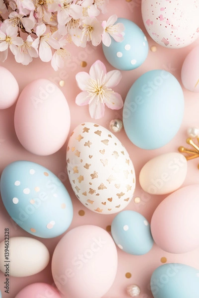 Obraz Easter Egg background, Pastel Easter Eggs and Spring Blossoms on Pink Background