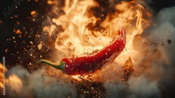 Fototapeta Red hot chili pepper burning in flames with spices exploding around it