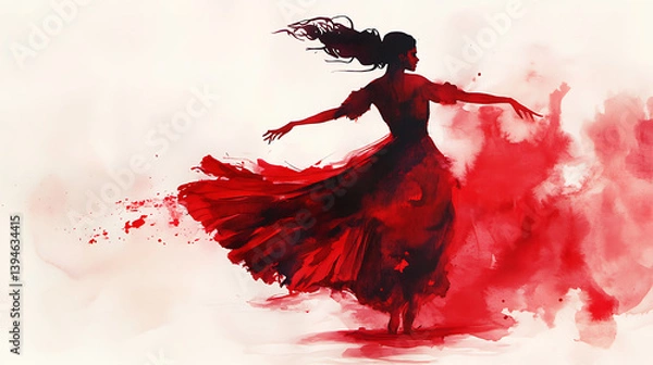 Fototapeta passionate flamenco dancer flowing red dress is depicted bold watercolor strokes, exuding energy and grace against light background. dynamic movement and vibrant red tones evoke emotion