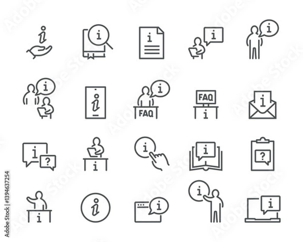 Fototapeta  Set of vector icons "Information Support and Assistance" (linear style)- operator, book, "i" marker, reader, question clouds, FAQ, etc