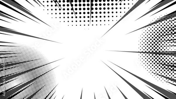 Fototapeta Comic pop art background. Vintage retro design. White radial backdrop with halftone elements and bubble.	