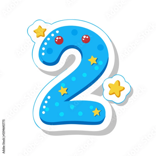 Fototapeta Number 2 in blue with stars and sparkles in cartoon sticker style