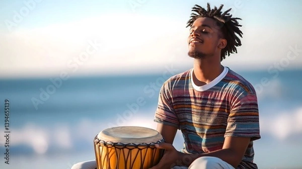 Fototapeta Creative expression emerges at the ocean's edge with a joyful drummer celebrating rhythm and nature's beauty