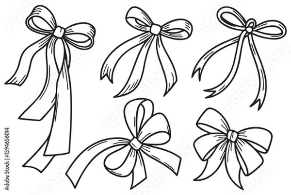 Fototapeta Elegant Hand-Drawn Bow Illustrations, Perfect for Crafting, Design, and Decoration, High-Quality Black and White Ribbon Sketches
