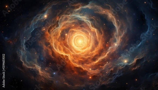 Fototapeta Glowing cosmic star encircled by vibrant clouds of gas and dust in hues of orange, blue, and red, creating depth and movement. Space-themed projects and creative designs.