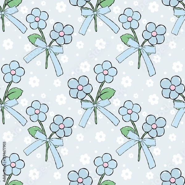 Fototapeta Blue Blossom Charm seamless pattern, Soft Daisy Delight digital paper