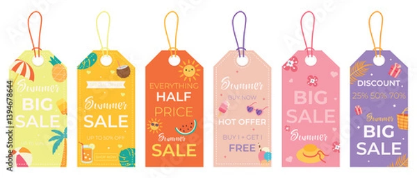Fototapeta Big vector summer sale label set. Summer seasonal discount, big sale, special, hot offer, half price tag and shop now. Summer sale up to 50%, 40%, 25%, 70% off shopping tag. Sale banner template