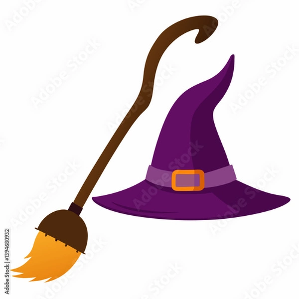 Fototapeta A witch’s hat and broomstick laying on the ground 