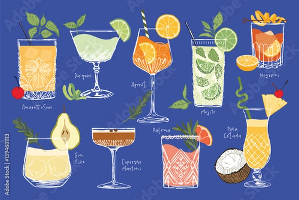 Fototapeta Colorful Hand-Drawn Vector Cocktail Collection