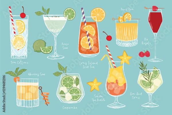 Fototapeta Colorful Hand-Drawn Vector Cocktail Collection