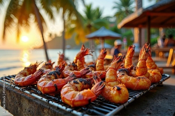 Fototapeta Grilled shrimp on tropical beach at sunset with palm trees and ocean view