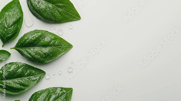 Fototapeta Crisp and fresh basil leaves with water droplets, neatly placed in the lower left corner on a white background