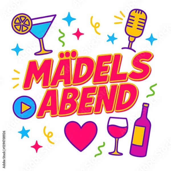 Obraz Freigestelltes Design „Mädelsabend“ – Neonparty-Illustration mit Cocktails, Herz und Mikrofon