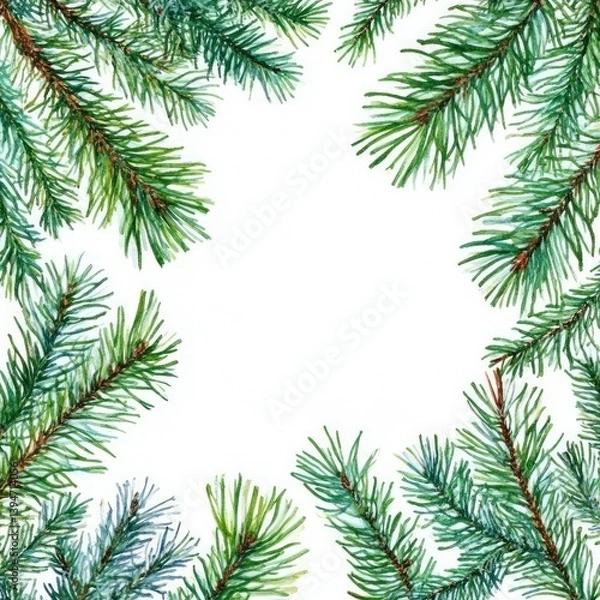 Fototapeta Pine Tree Branches Square Frame Watercolor Painting Background