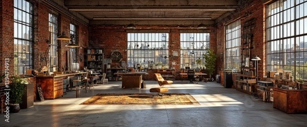 Obraz Industrial Loft Workspace with Large Windows