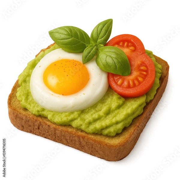 Obraz Freigestelltes Avocado-Toast mit Ei, Tomate und Basilikum – Gesunde Frühstücksillustration