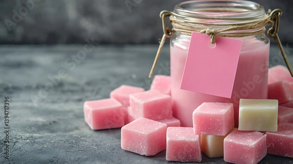 Fototapeta Pink wax melts surround a glass jar candle adorned with a blank pink tag on a textured gray surface.