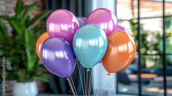 Fototapeta A cluster of vibrant colorful balloons floats indoors reflecting light against a backdrop of leafy plants and modern architecture.