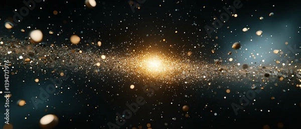 Fototapeta Abstract gold and silver glitter particles exploding in dark space, cosmic dust, bright light.