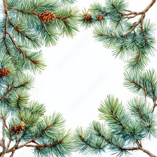 Fototapeta Watercolor Pine Tree Branches Square Frame Background for Christmas Decor