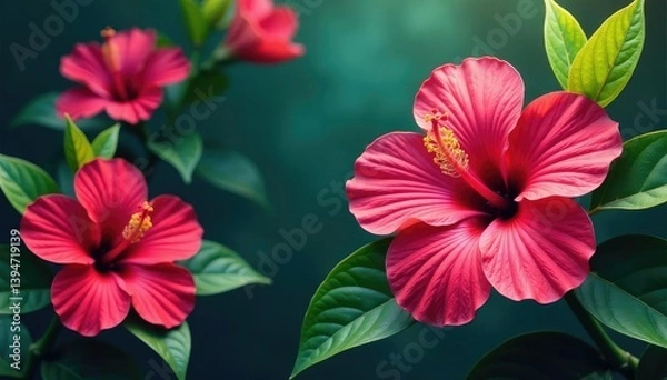 Fototapeta Bold vibrant hibiscus & tropical foliage, endless repeat, repeat, texture, foliage
