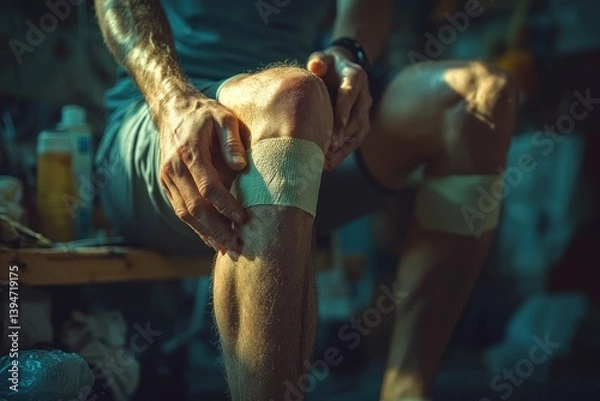 Fototapeta Kinesiology Tape Application on Knee by Physiotherapist in Natural Light