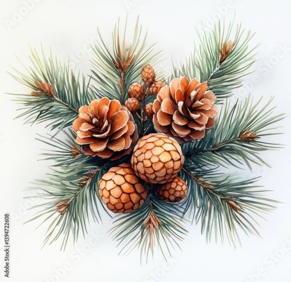 Fototapeta Watercolor Pine Branches and Cones Botanical Illustration for Christmas Decor