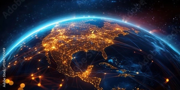 Fototapeta Global Air Routes Network Over North America in Cyberpunk Style with Earth from Space